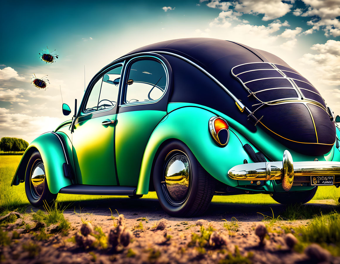 Colorful Volkswagen Beetle parked on grass with oversized bees under blue sky