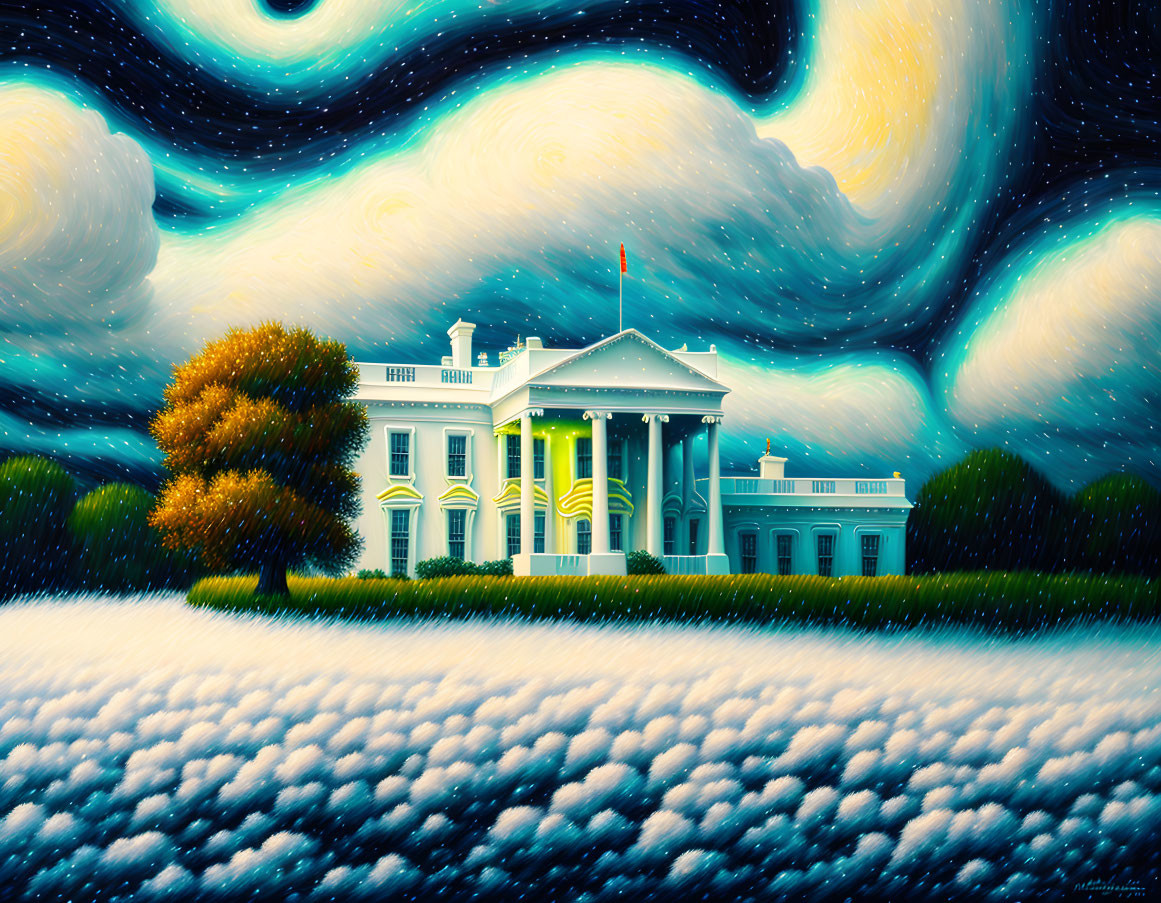 White House painting with starry sky and weather patterns similar to "Starry Night