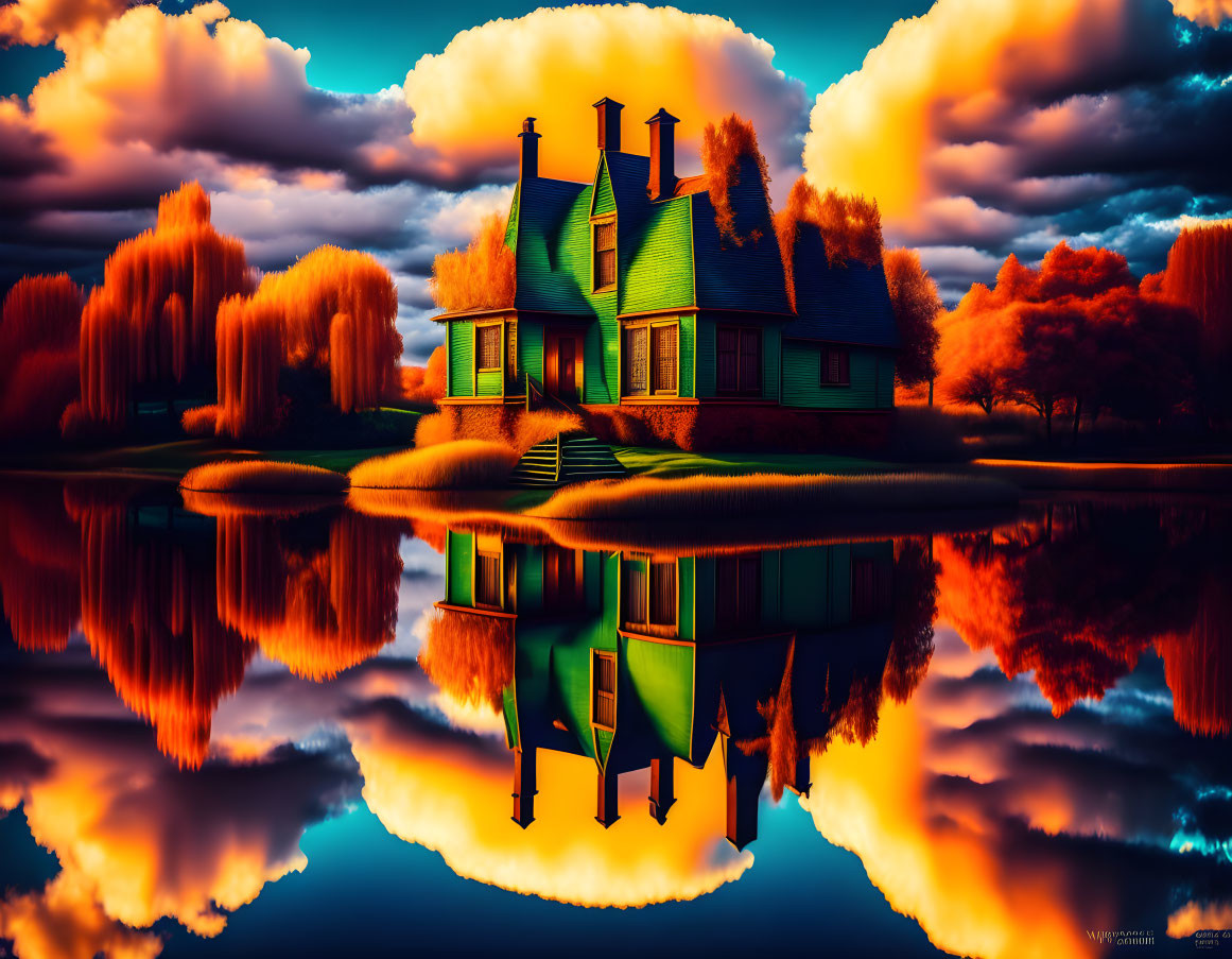 Digital artwork: House reflecting on lake with autumn trees and twilight sky