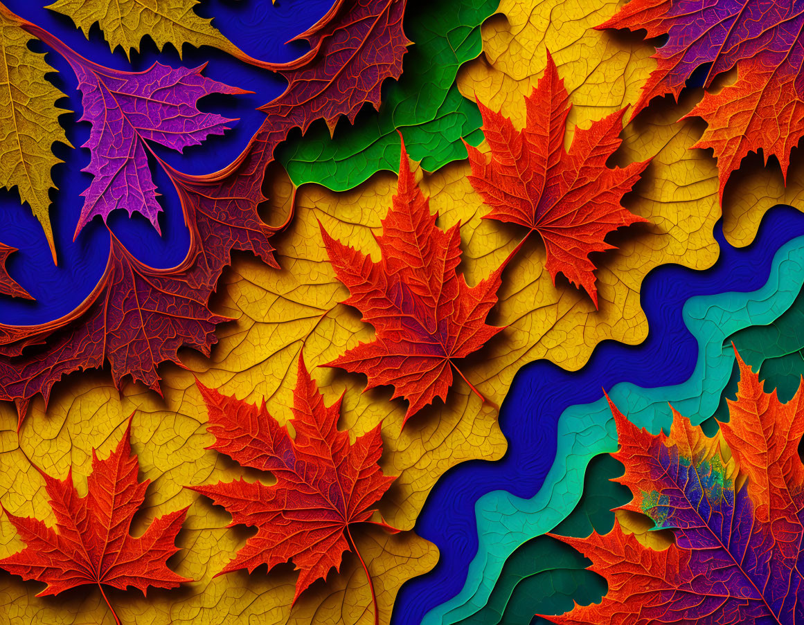 Colorful Autumn Leaves on Textured Background with Organic and Abstract Patterns