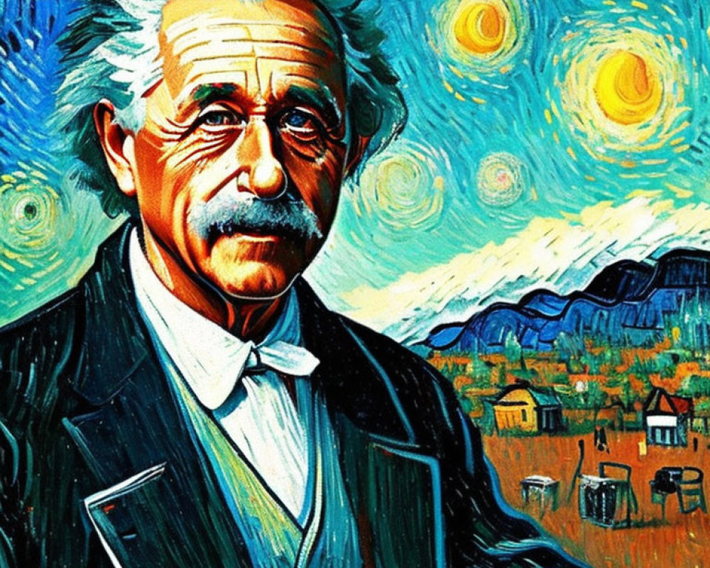 Man with white hair and mustache in Starry Night-inspired portrait