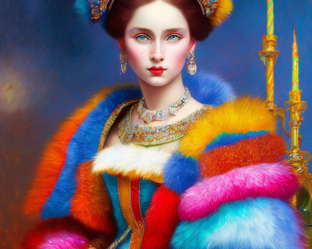 Portrait of Woman with Striking Green Eyes and Multicolored Fur Coat