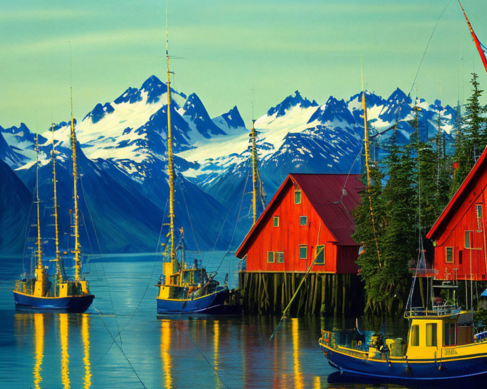 Scenic view of fishing boats, red houses, and snow-capped mountains