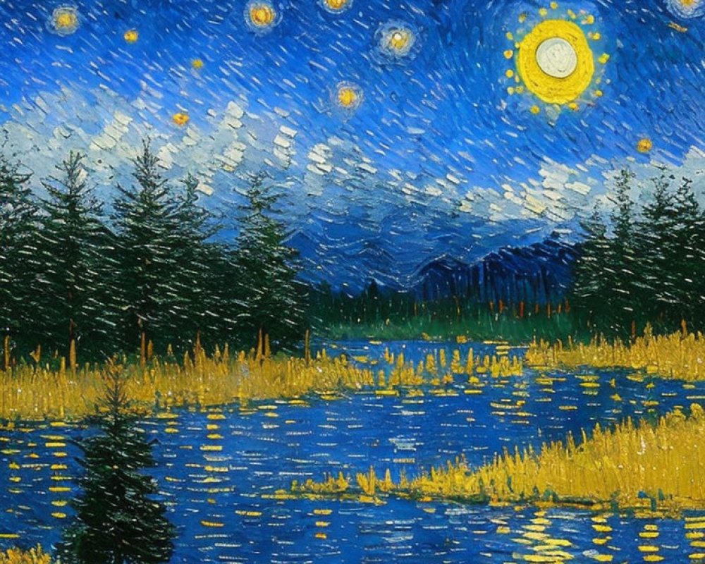 Bright moon illuminates starry night sky over reflective river, trees, and mountains.