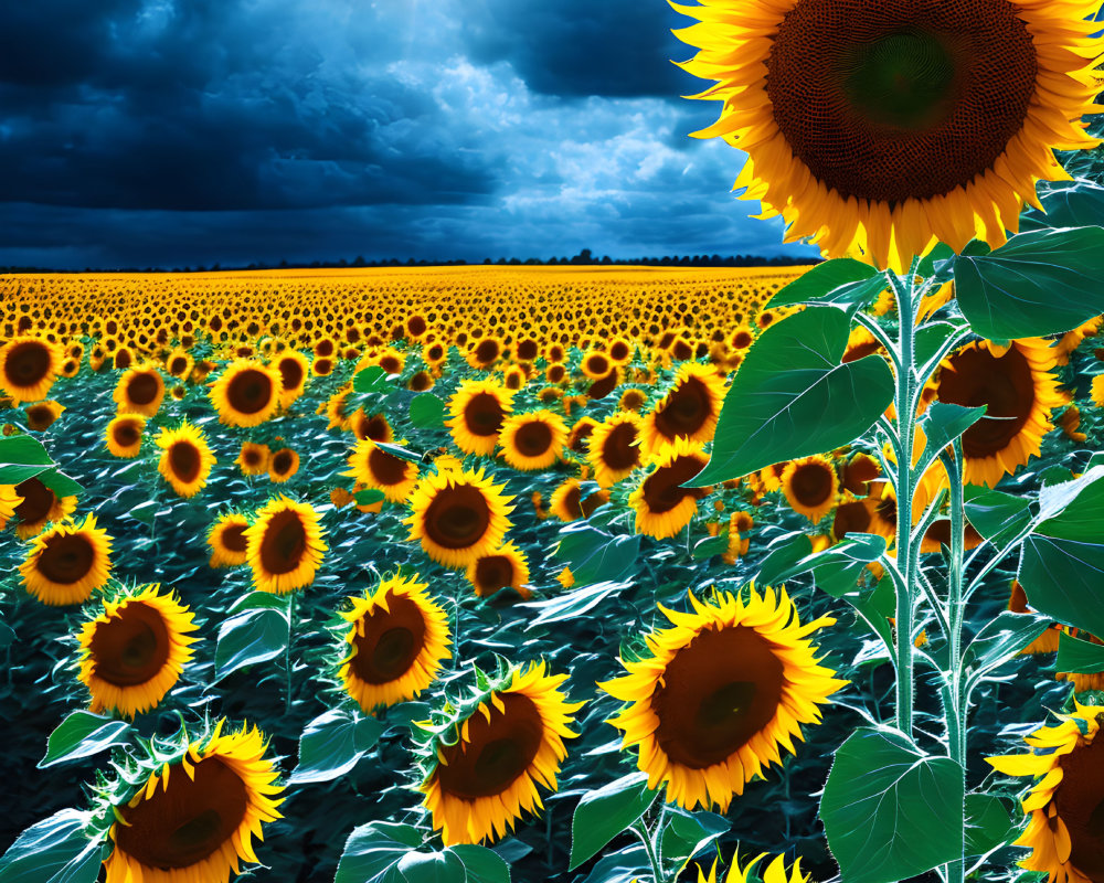 Sunflowers field under dramatic cloudy sky with sun peeking through