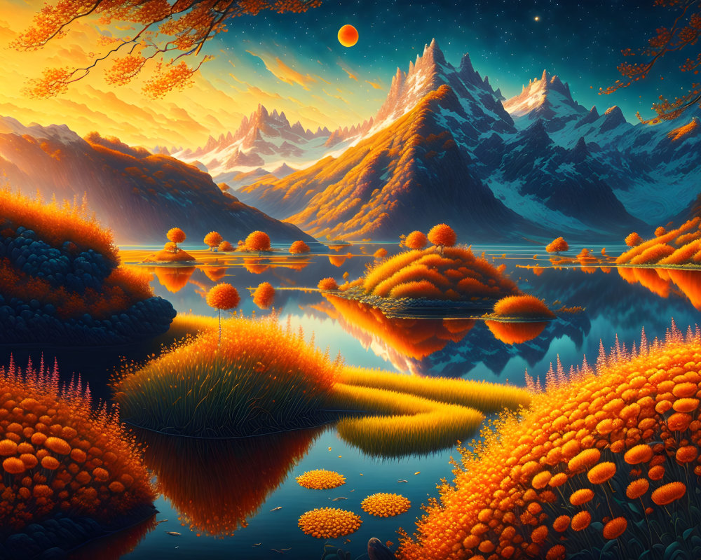 Colorful autumn landscape with lake, mountains, and trees under sunset sky