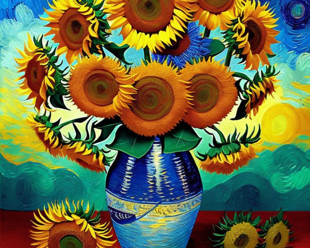 Colorful sunflowers in blue vase on vibrant background.