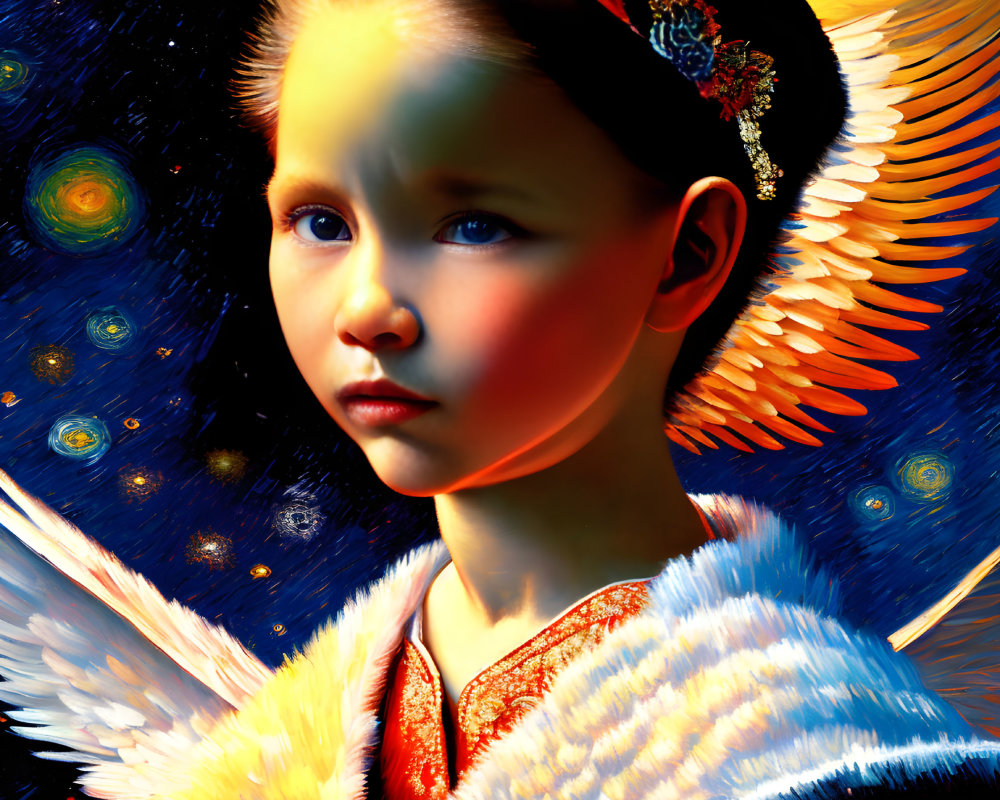 Young girl with angel wings in red dress against cosmic backdrop