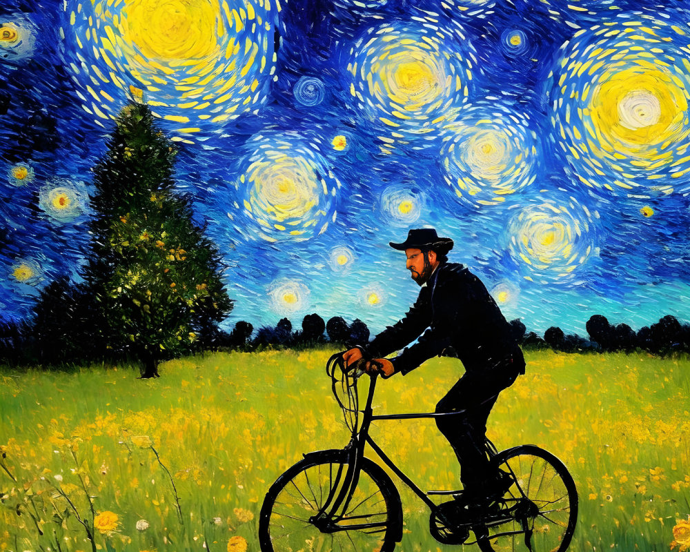 Person cycling through vibrant field under "Starry Night" sky.