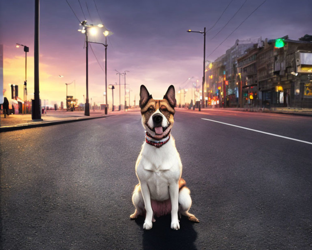 Dog sitting in center of empty road with twilight skies and city lights.