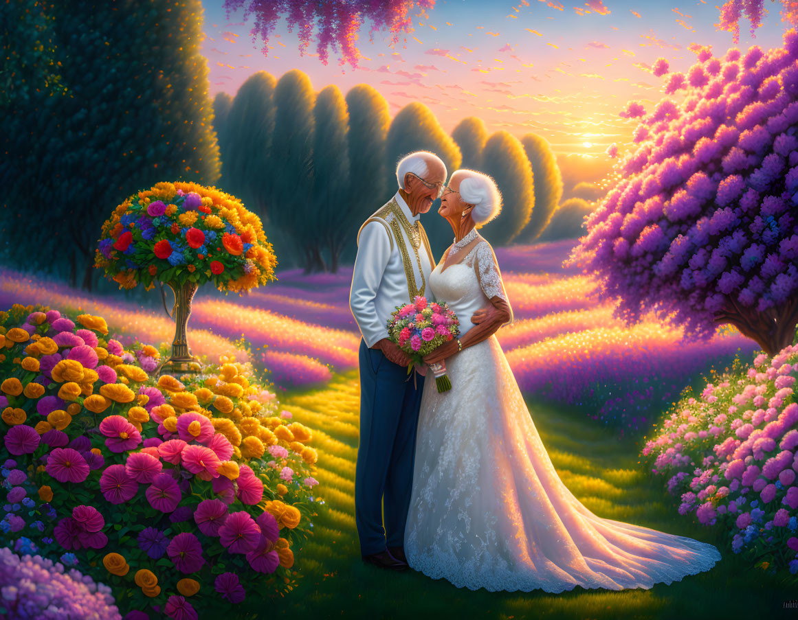 Elderly couple in wedding attire kissing in colorful garden at sunset