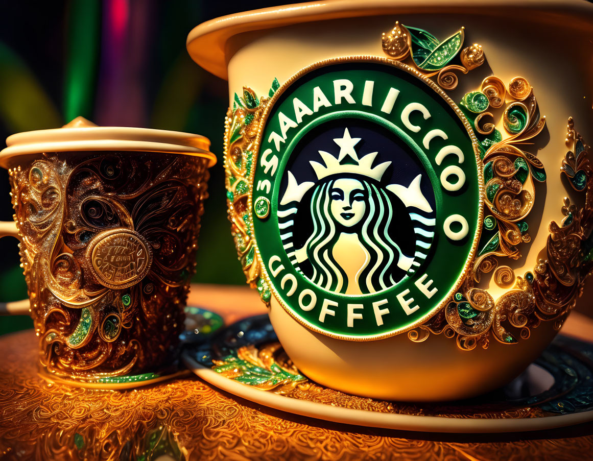 Gold-trimmed Starbucks cups featuring intricate patterns on textured surface