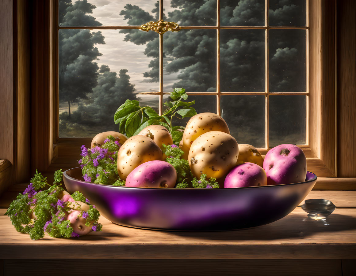 Still Life: Bowl with Potatoes and Herbs by Window with Tree View