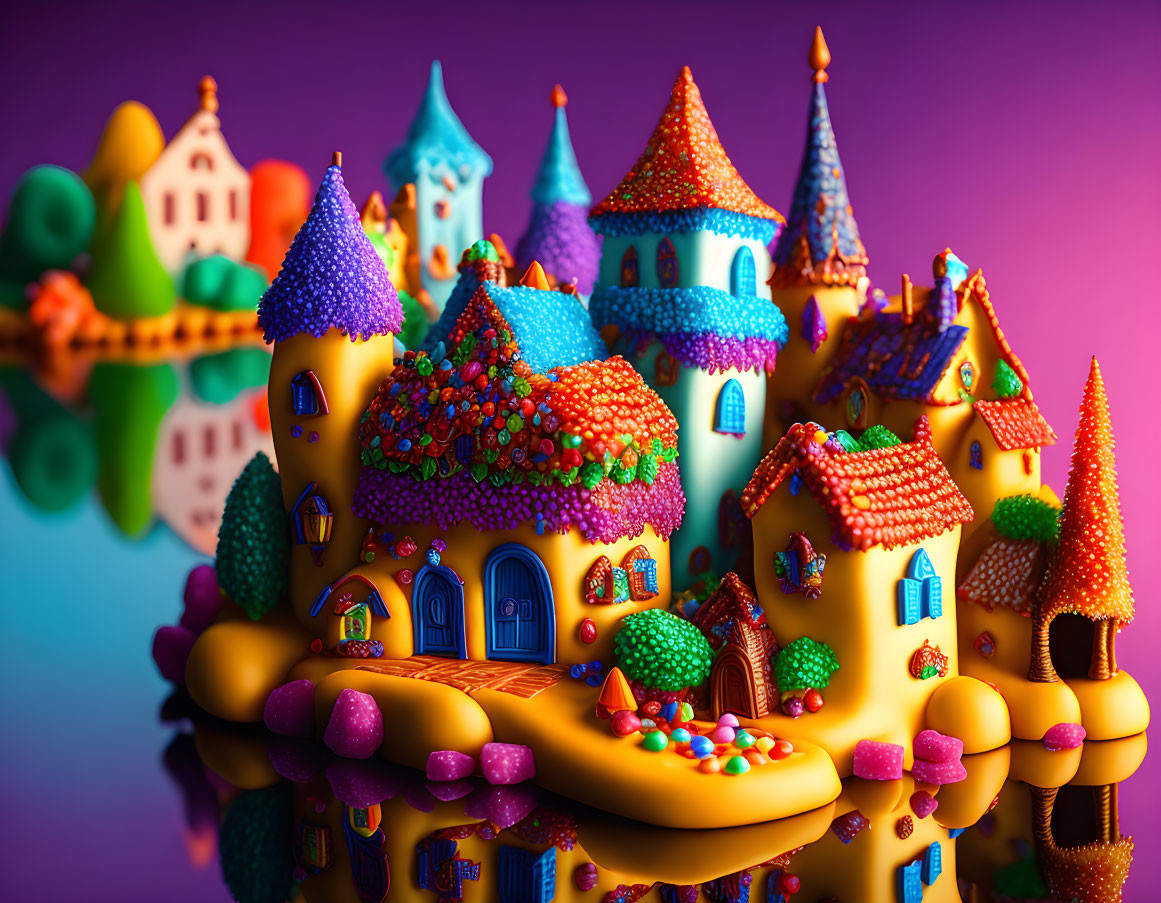 Colorful fantasy castle with candy-like decorations on shiny surface against purple background