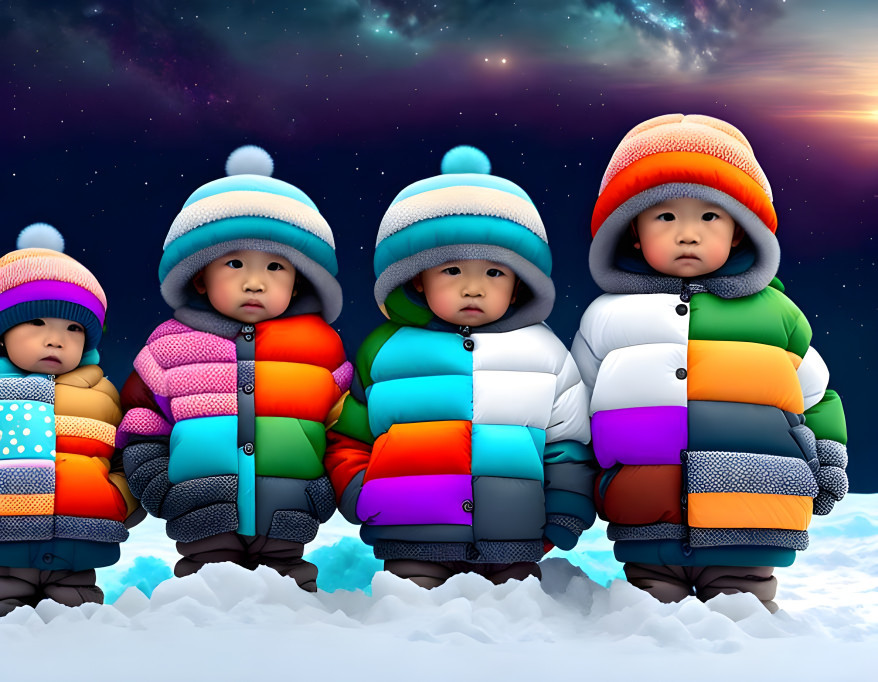 Eskimo children keeping warm with colorful clothe 