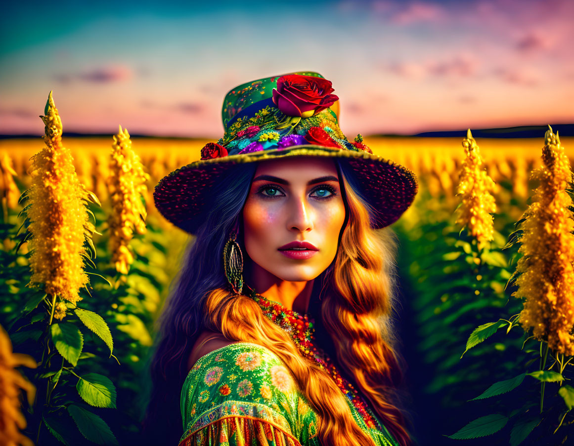 Woman with long wavy hair in floral hat and green dress in golden crop field at sunset