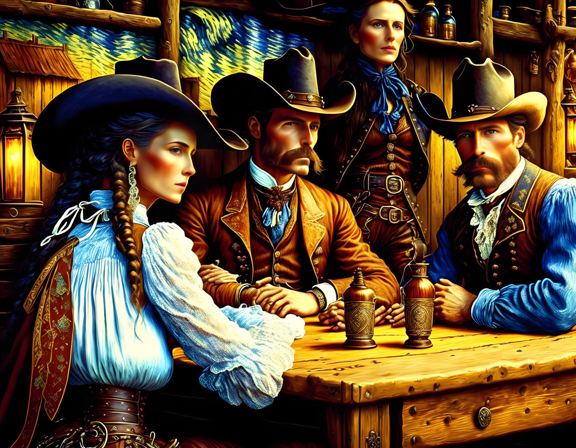 Illustration of four people in Western attire at wooden table with vintage cups