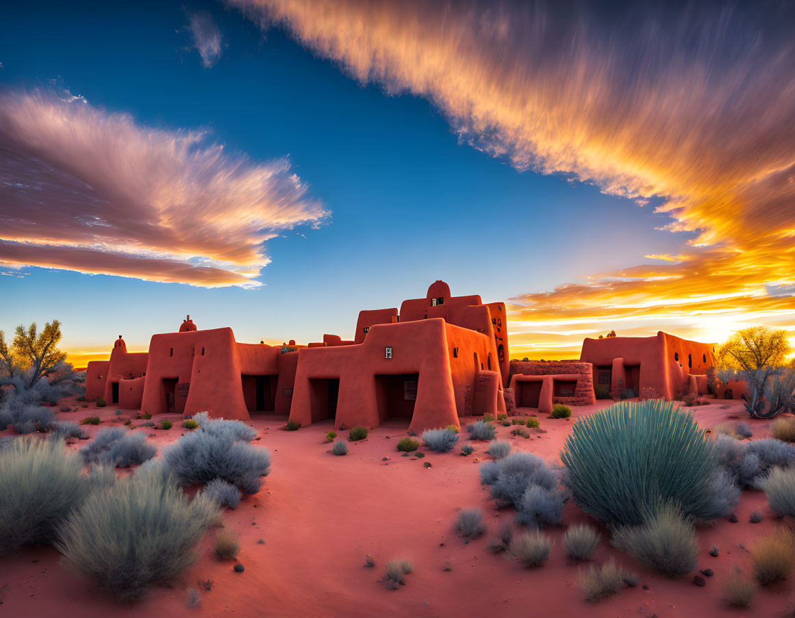  A colorful sunset in Santa Fe New Mexico. Pueblo 