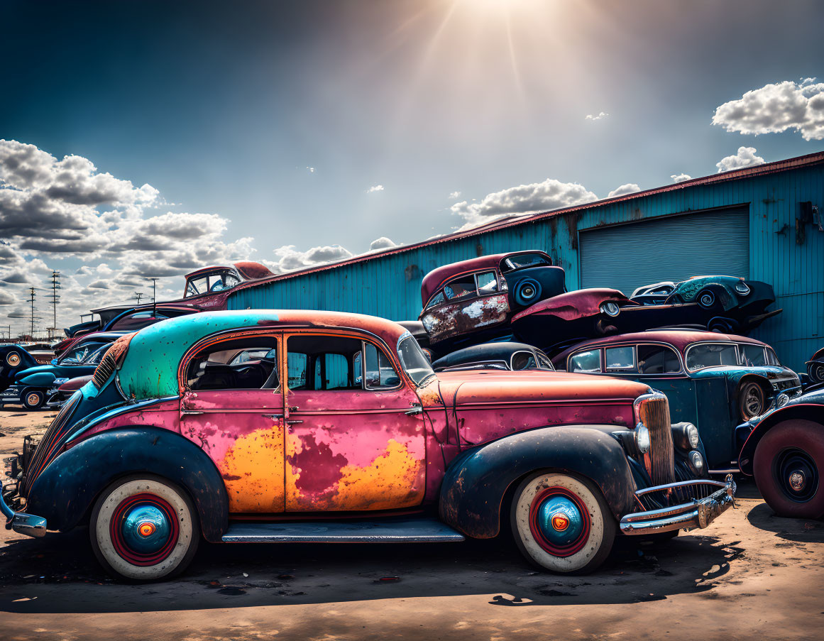 Collection of Vintage Cars Parked Outdoors Under Sunny Sky