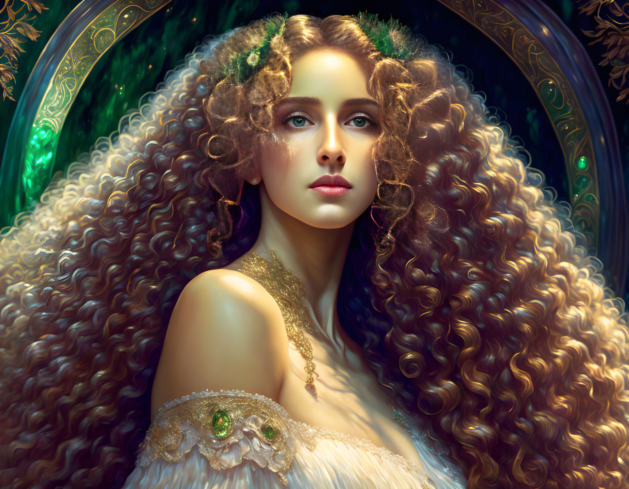 Curly-haired woman in nature-themed attire on green backdrop