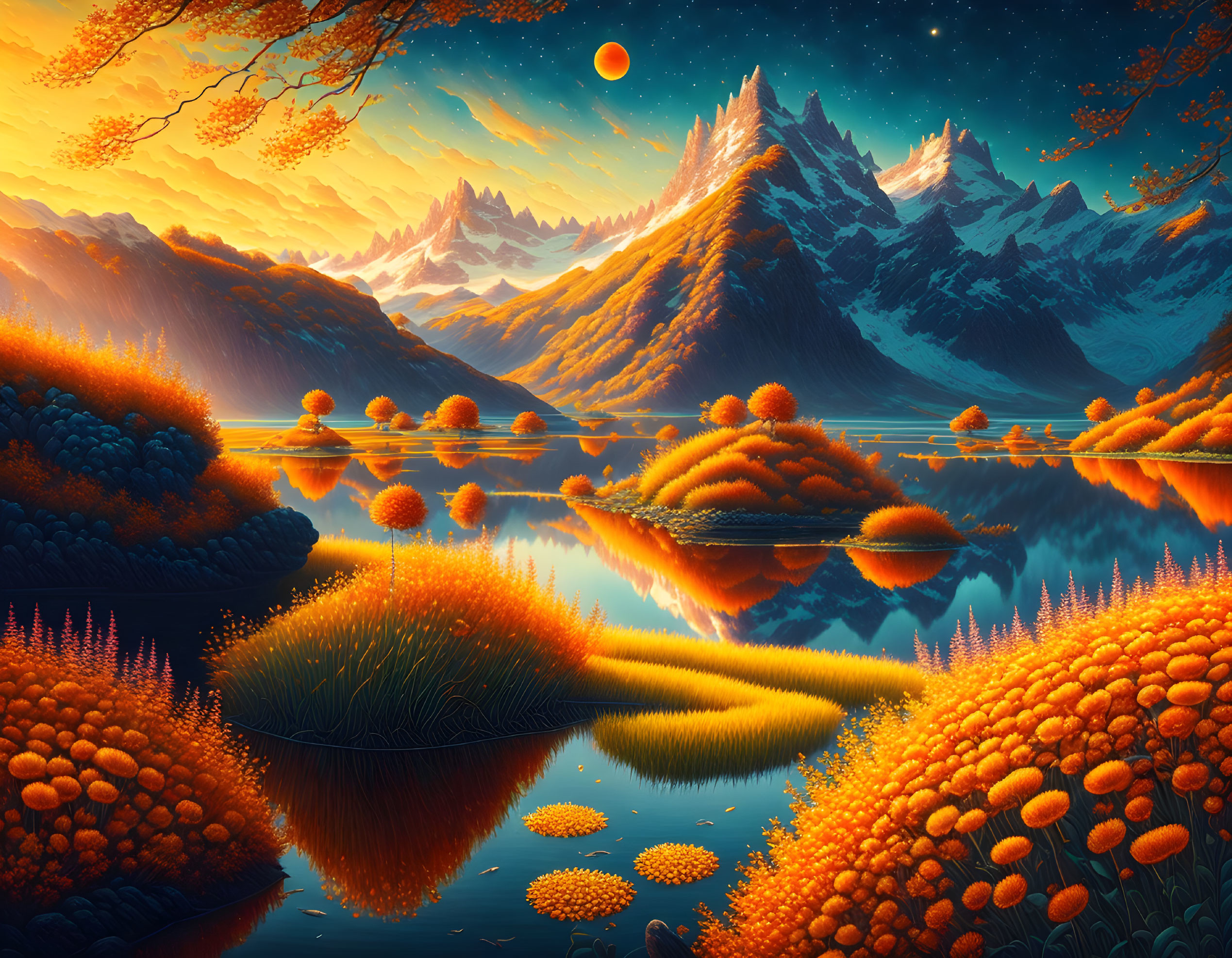 Colorful autumn landscape with lake, mountains, and trees under sunset sky