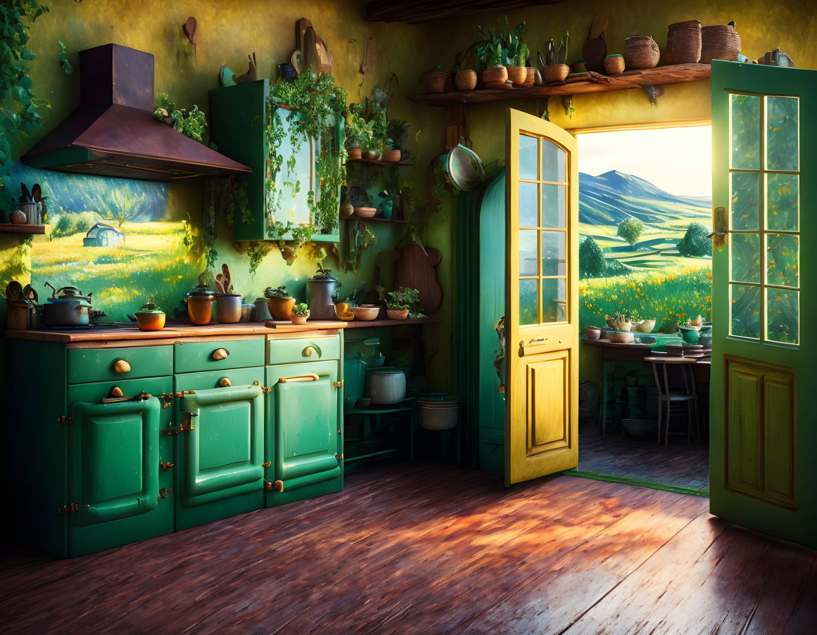 Green Cabinetry and Yellow Door Kitchen with Sunny Pastoral View