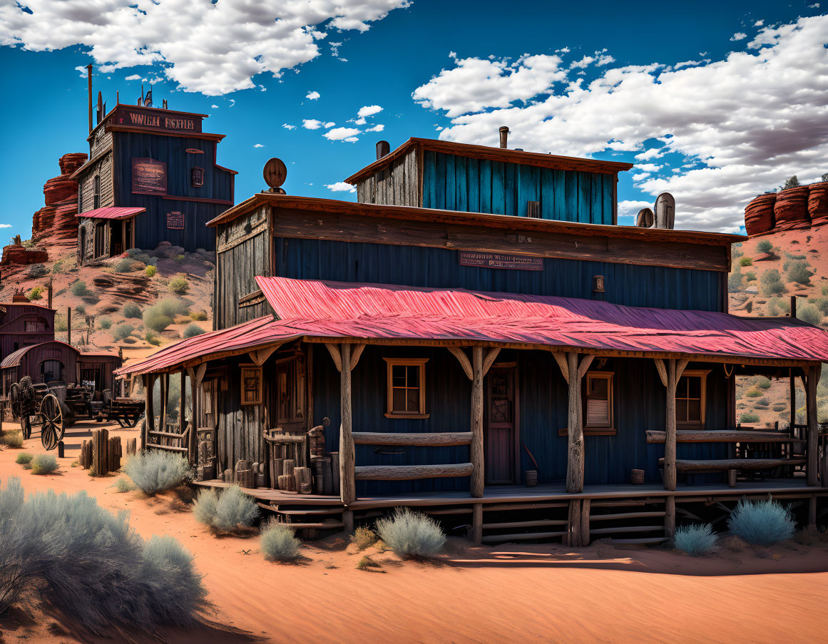 Illustration of Old Western Town with Wooden Buildings