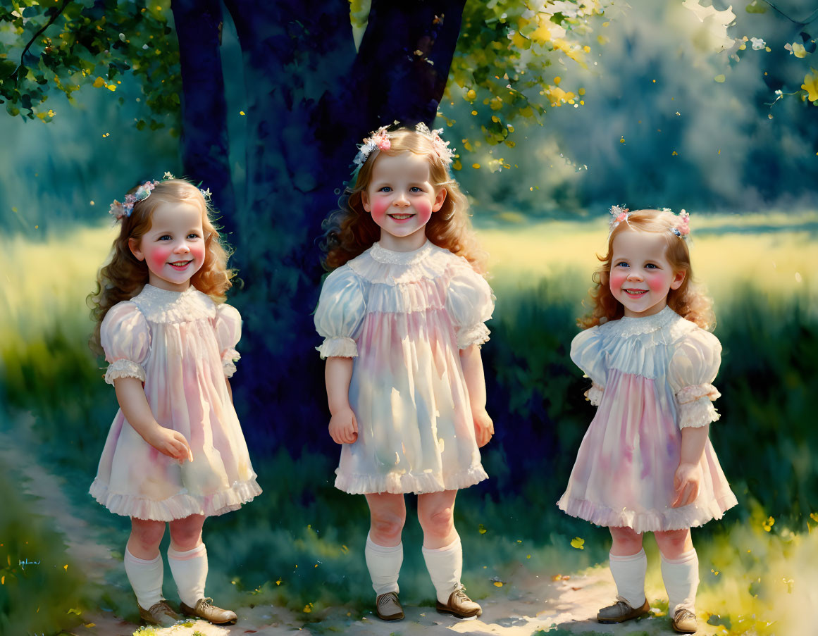 Three young girls in matching dresses and floral headbands in a sunlit wooded area