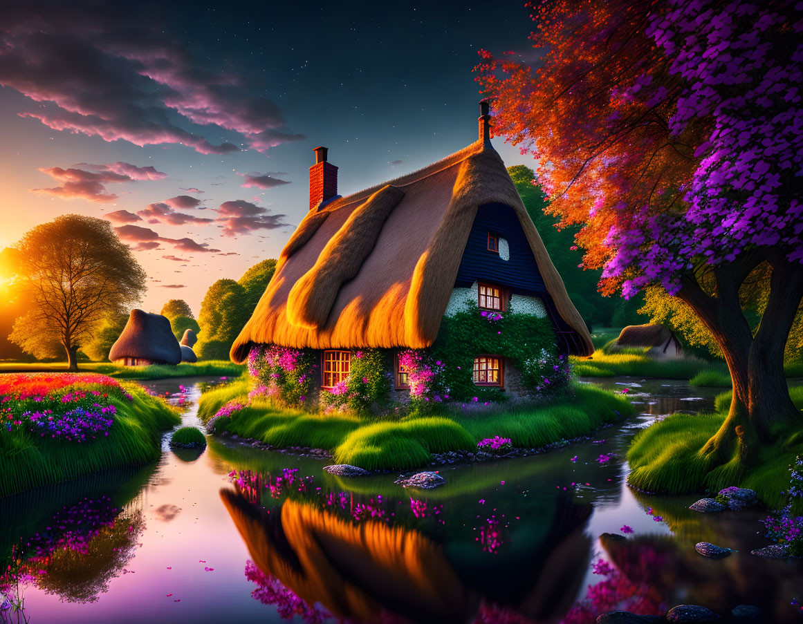 Riverside thatched cottage at sunset with flowers and starry sky