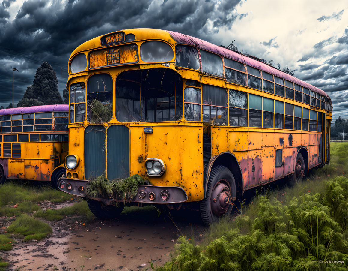 Abandoned yellow school bus with rust and overgrowth under cloudy sky