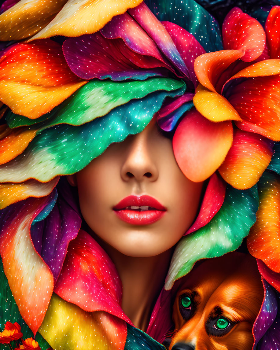 Colorful Flower Hat Woman and Glossy Dog Portrait