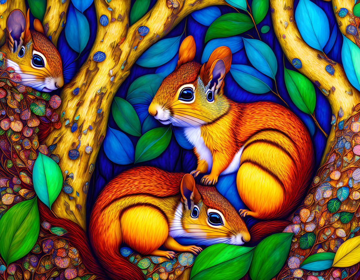 Colorful digital art: Two stylized squirrels in nature