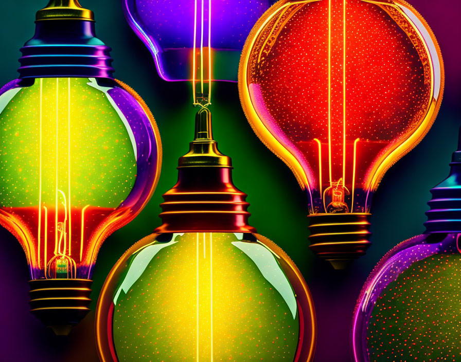 Vivid Neon Glowing Light Bulbs on Dark Background