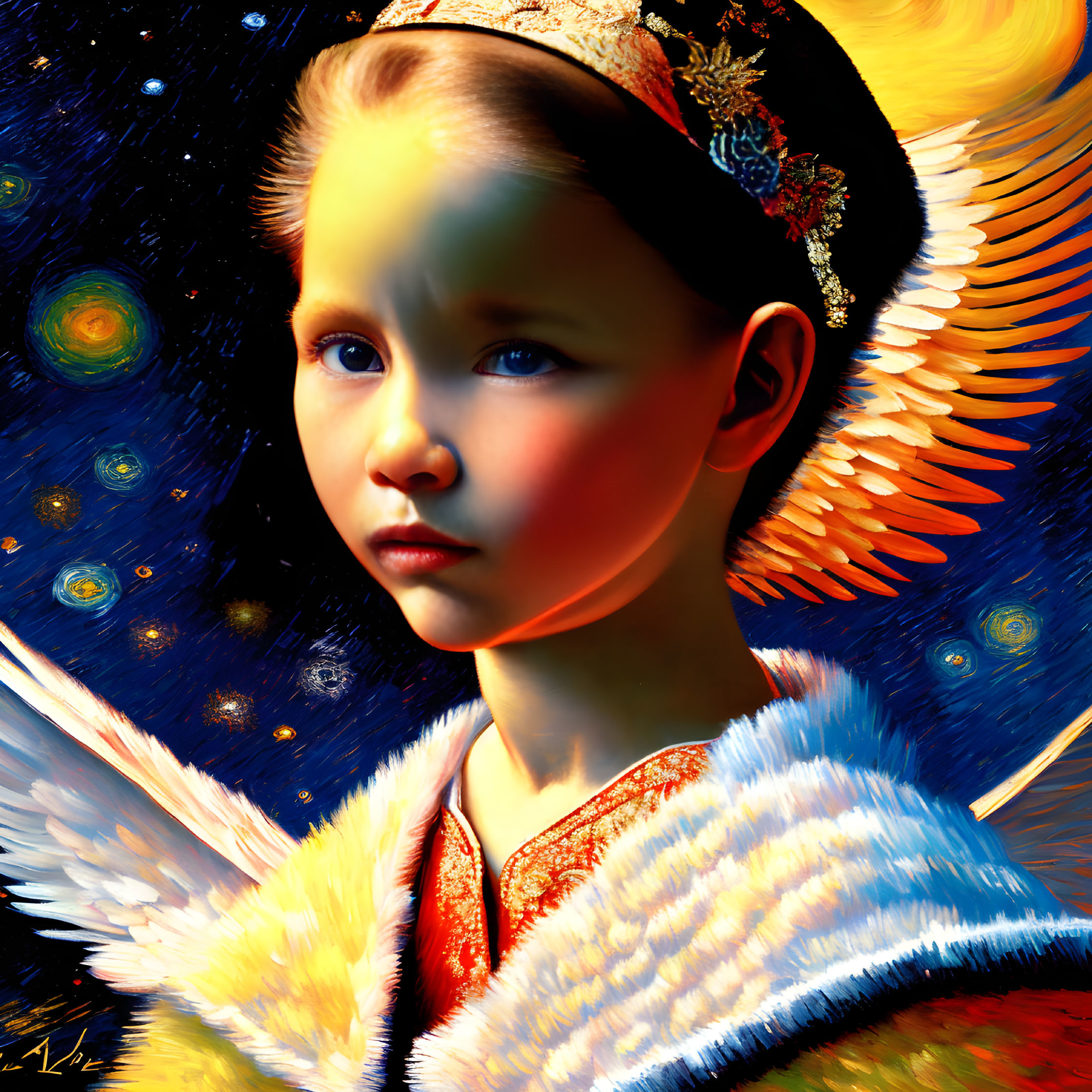 Young girl with angel wings in red dress against cosmic backdrop