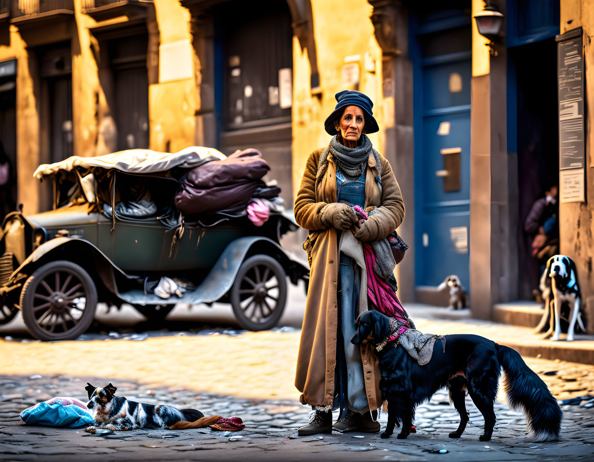 Elderly woman with two dogs in vintage street scene