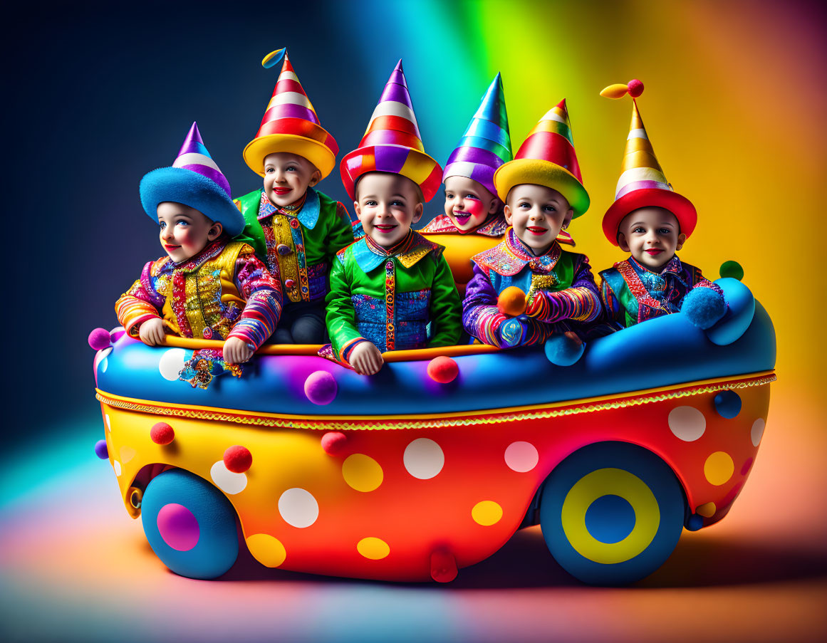 Vibrant image: Six joyful clowns in colorful costumes on whimsical polka dot car