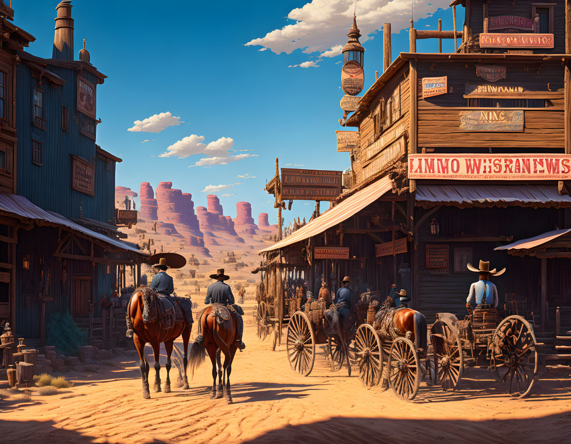 Cowboys on horseback in dusty Western town with wooden buildings and buttes under clear blue sky