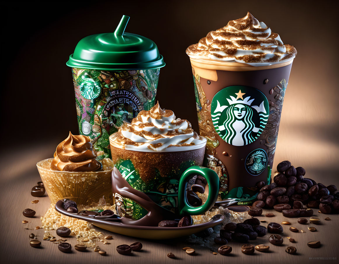 Assorted Starbucks coffee drinks with whipped cream, coffee beans, and sugar sprinkles.