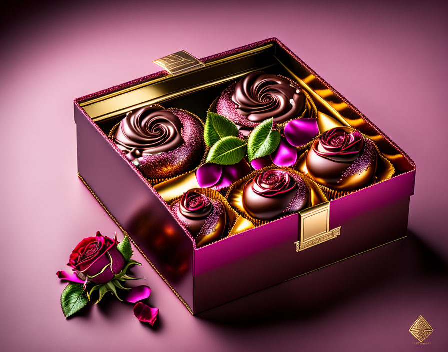 Luxurious chocolate box mimicking rose bouquet with real flower on pink backdrop