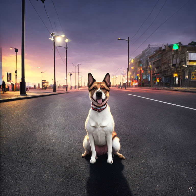 Dog sitting in center of empty road with twilight skies and city lights.