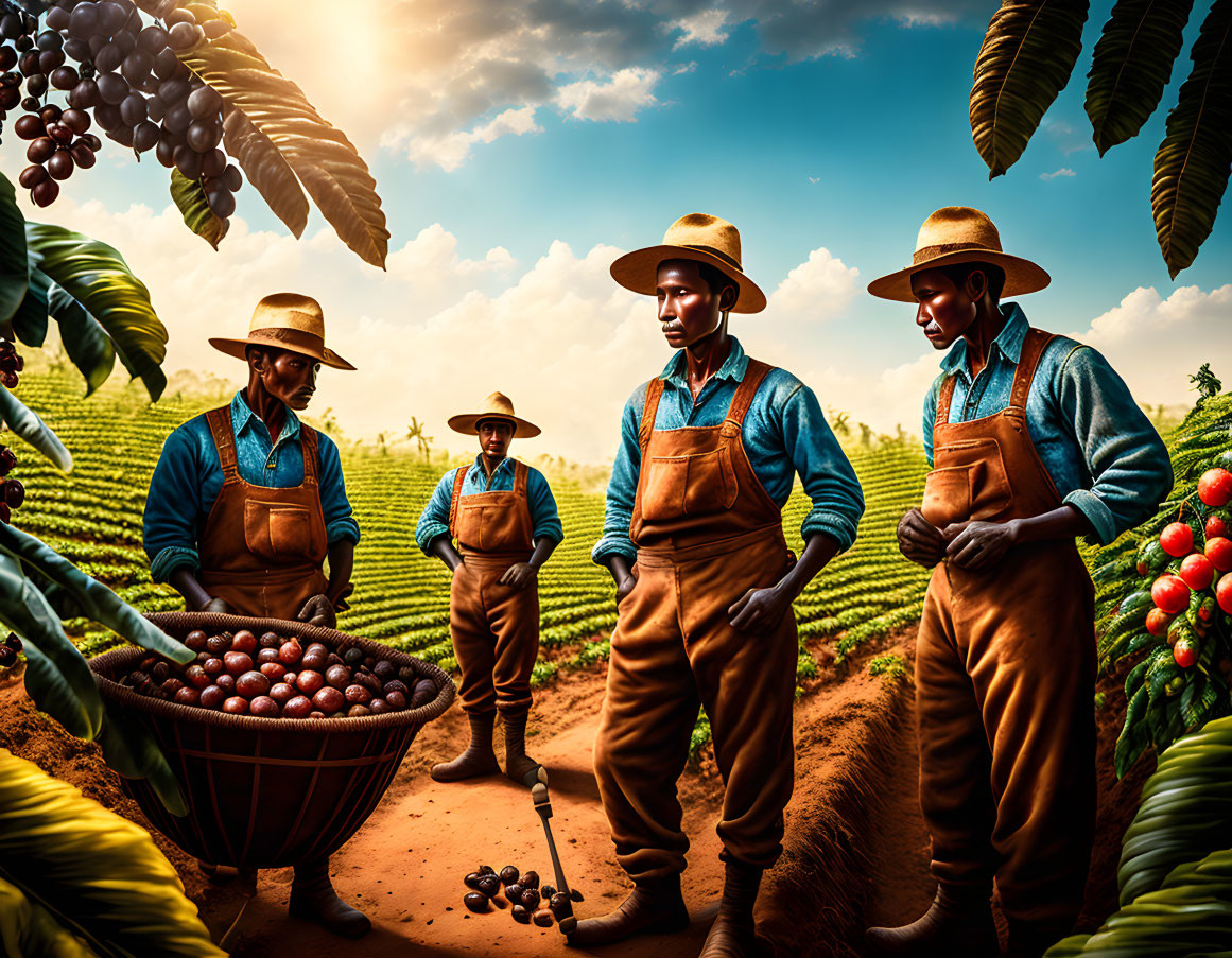 Four workers in hats and overalls at a coffee plantation with ripe cherries.