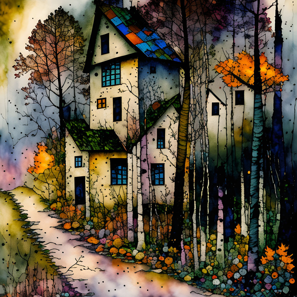 Colorful Stylized Forest with Whimsical Houses and Vibrant Path