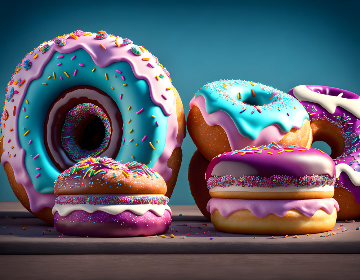 Colorful Whimsical Donuts with Sprinkles on Wooden Table