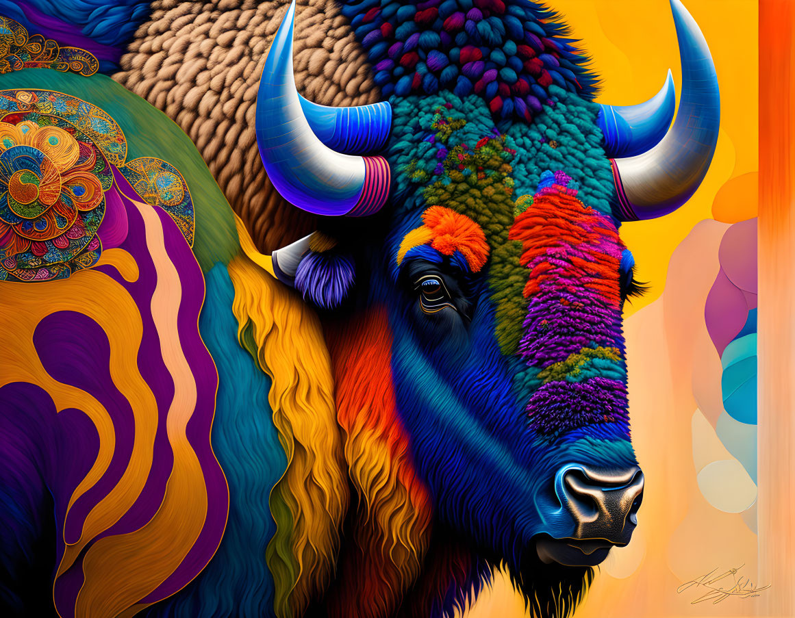 Colorful Bison Artwork with Ornate Patterns on Abstract Background