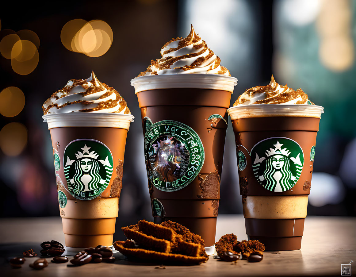 Starbucks beverages with whipped cream, logos, coffee beans, and cookies on bokeh background