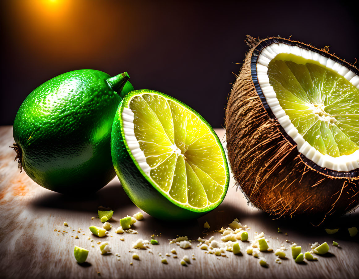 Fresh lime and coconut on wooden surface with warm backlight.