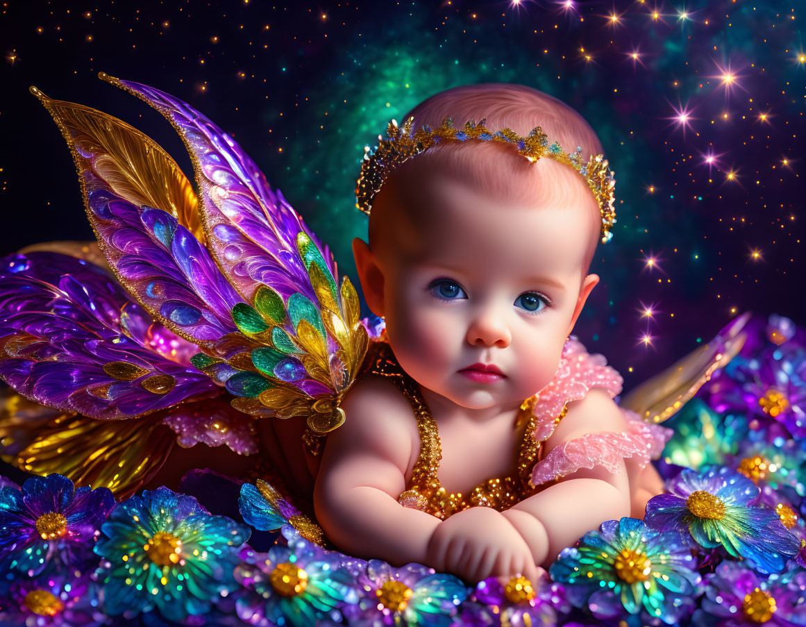 Golden accessories baby with colorful wings among sparkling flowers on starry background