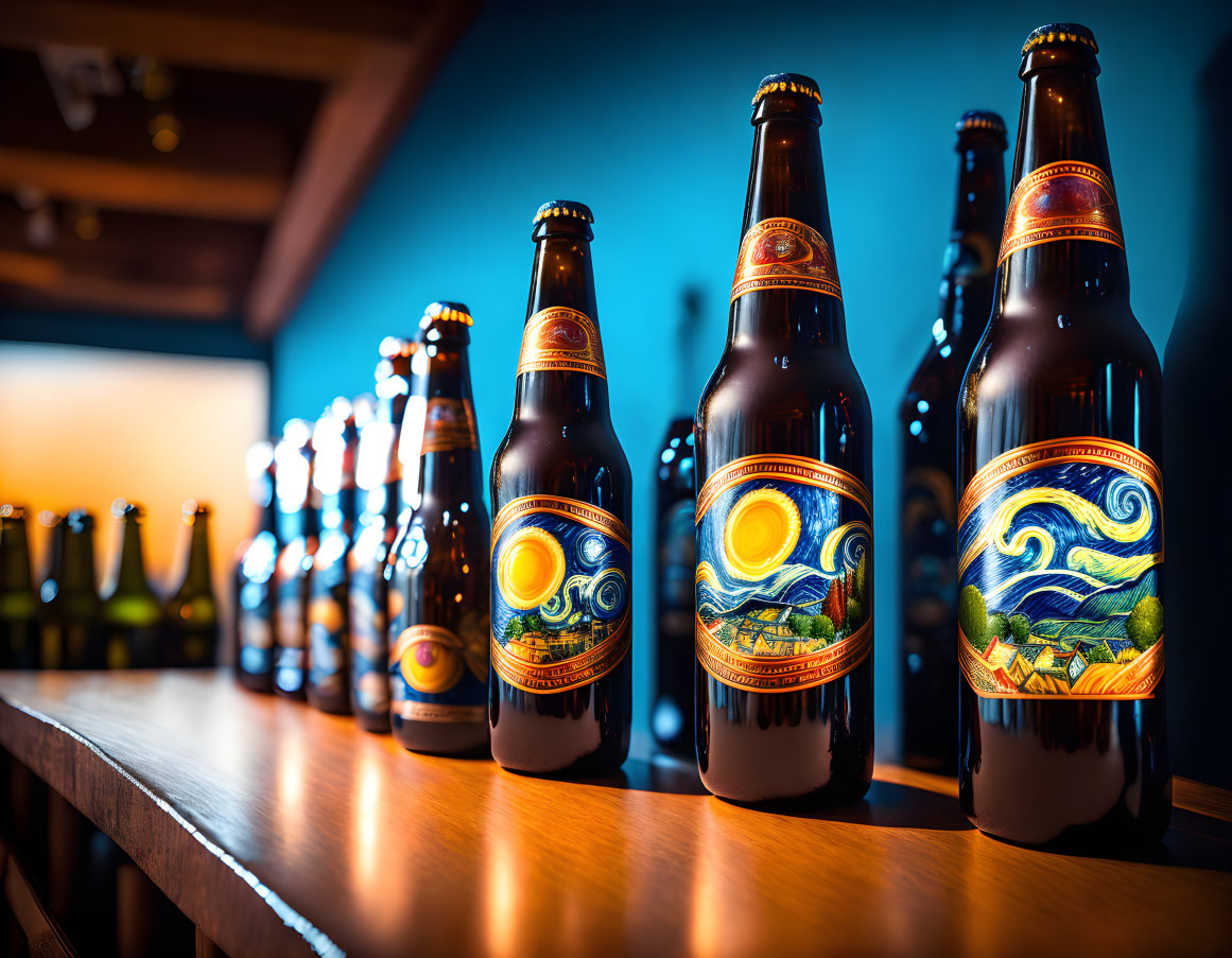 Bar display: Rows of beer bottles with artistic labels under warm lighting