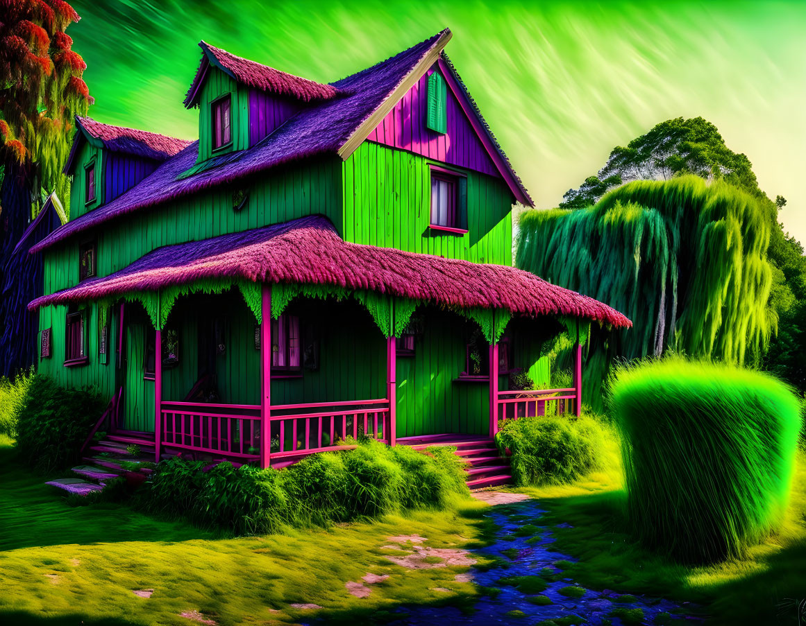 Green-painted house with pink trim under aurora-like sky and lush surroundings