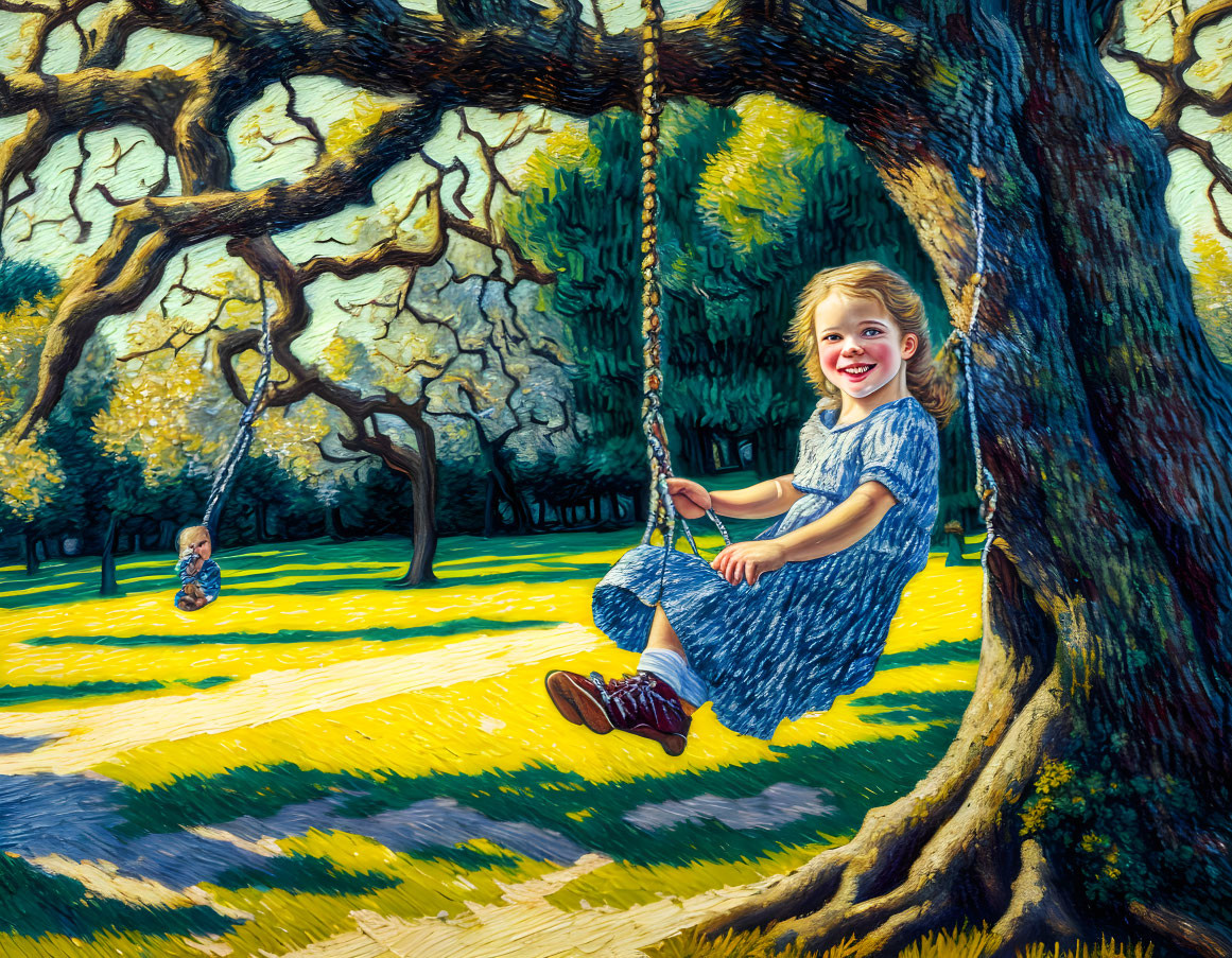 Young girl swinging under tree in sunny park with second swing visible